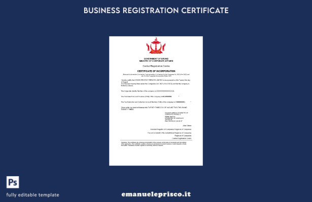 Certificato di registrazione del Brunei in stile verificato Modello Word e PDF
